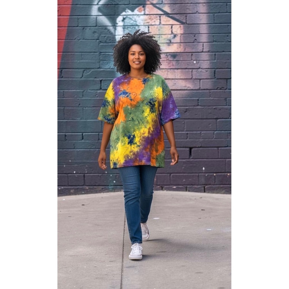 Rosey Tomato Tunic Women 24 Vintage Batik Multicolor Excellent Rayon ArtToWear